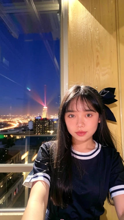 Masterpiece, best quality, ultra high res, realistic, (photorealistic:1.4), photography, rule of third, 1girl, blunt bangs, black hair, (the girl wearing black sailor uniform), (at the top of building:1.1), night, city light, cinematic lighting, 80s filter, detailed face , looking at viewer, cowboy shot, (selfie:1.1), pov