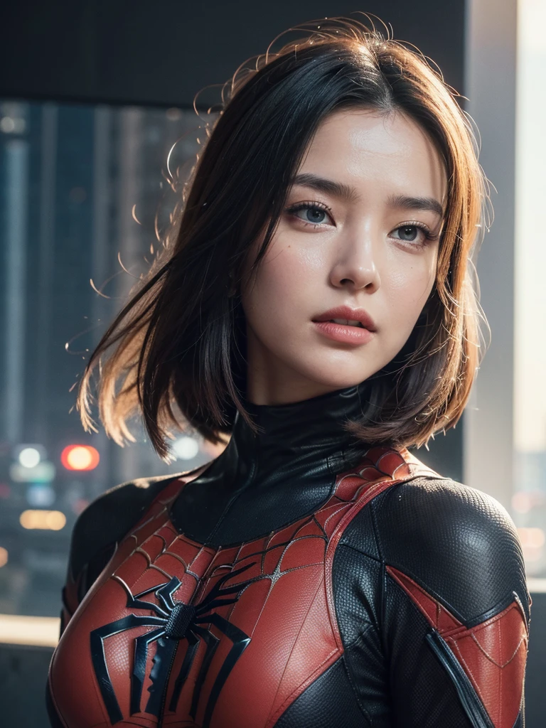 (1girl:1.3), Solo, (((Very detailed face)))), ((Very detailed eyes and face)))), Beautiful detail eyes, Body parts__, Official art, Unified 8k wallpaper, Super detailed, beautiful and beautiful, beautiful, masterpiece, best quality, original, masterpiece, super fine photo, best quality, super high resolution, realistic realism, sunlight, full body portrait, amazing beauty, dynamic pose, delicate face, vibrant eyes, (from the front), She wears Spider-Man suit, red and black color scheme, spider, very detailed city roof background, rooftop, overlooking the city, detailed face, detailed complex busy background, messy, gorgeous, milky white, highly detailed skin, realistic skin details, visible pores, clear focus, volumetric fog, 8k uhd, DSLR, high quality, film grain, fair skin, photo realism, lomography, futuristic dystopian megalopolis, translucent