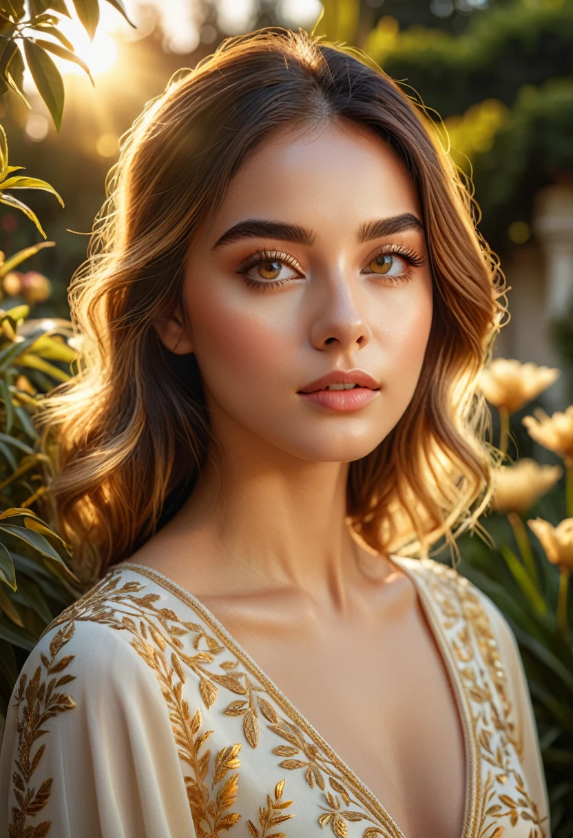 a beautiful girl in a serene garden, detailed face and eyes, long eyelashes, elegant pose, golden hour lighting, cinematic composition, vibrant colors, intricate details, (best quality,4k,8k,highres,masterpiece:1.2),ultra-detailed,(realistic,photorealistic,photo-realistic:1.37),portrait,landscape,warm color tones,dramatic lighting