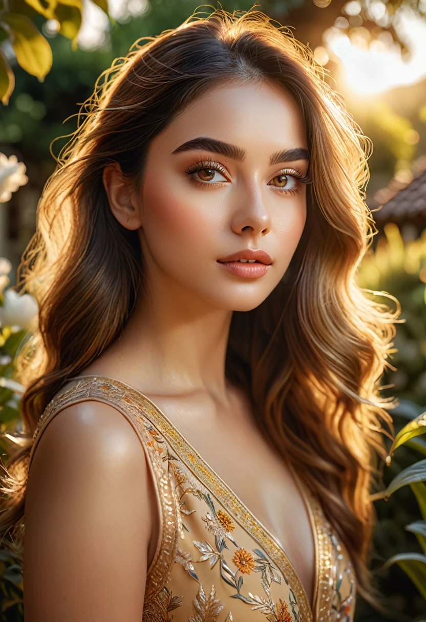 a beautiful girl in a serene garden, detailed face and eyes, long eyelashes, elegant pose, golden hour lighting, cinematic composition, vibrant colors, intricate details, (best quality,4k,8k,highres,masterpiece:1.2),ultra-detailed,(realistic,photorealistic,photo-realistic:1.37),portrait,landscape,warm color tones,dramatic lighting