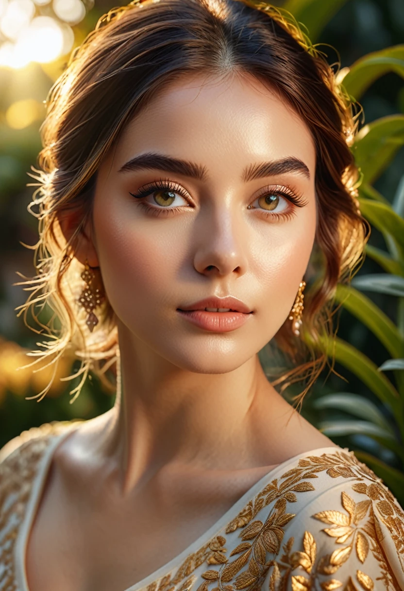 a beautiful girl in a serene garden, detailed face and eyes, long eyelashes, elegant pose, golden hour lighting, cinematic composition, vibrant colors, intricate details, (best quality,4k,8k,highres,masterpiece:1.2),ultra-detailed,(realistic,photorealistic,photo-realistic:1.37),portrait,landscape,warm color tones,dramatic lighting