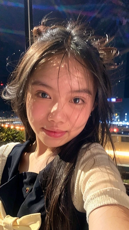 Masterpiece, best quality, ultra high res, realistic, (photorealistic:1.4), photography, rule of third, 1girl, blunt bangs, black hair, (the girl wearing black sailor uniform), (at the top of building:1.1), night, city light, cinematic lighting, 80s filter, detailed face , looking at viewer, cowboy shot, (selfie:1.1), pov