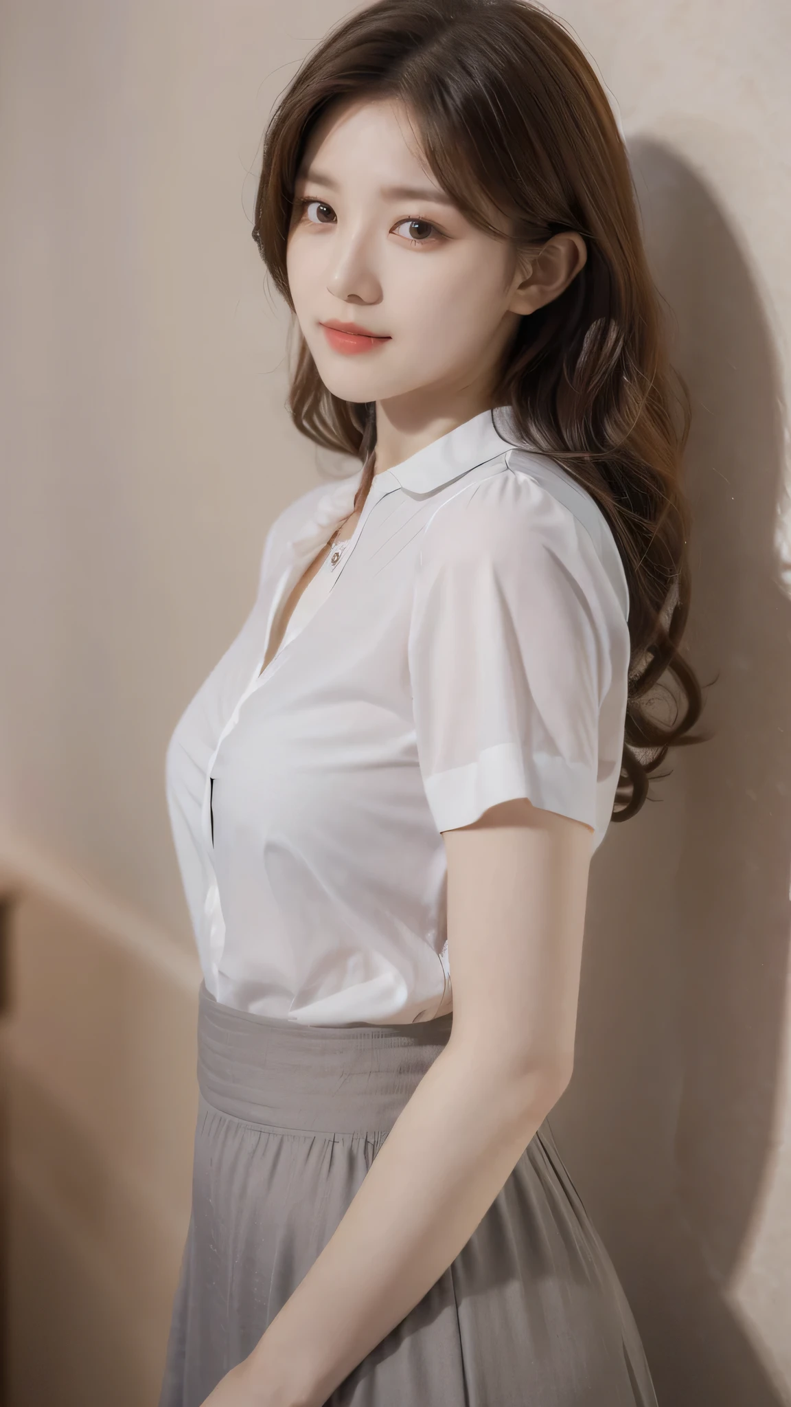 detailed background, masterpiece, best quality, 1 person , curly hair, long hair, purple eyes, star in eye , grey Strapless blouse, long  skirt, grey, tight 