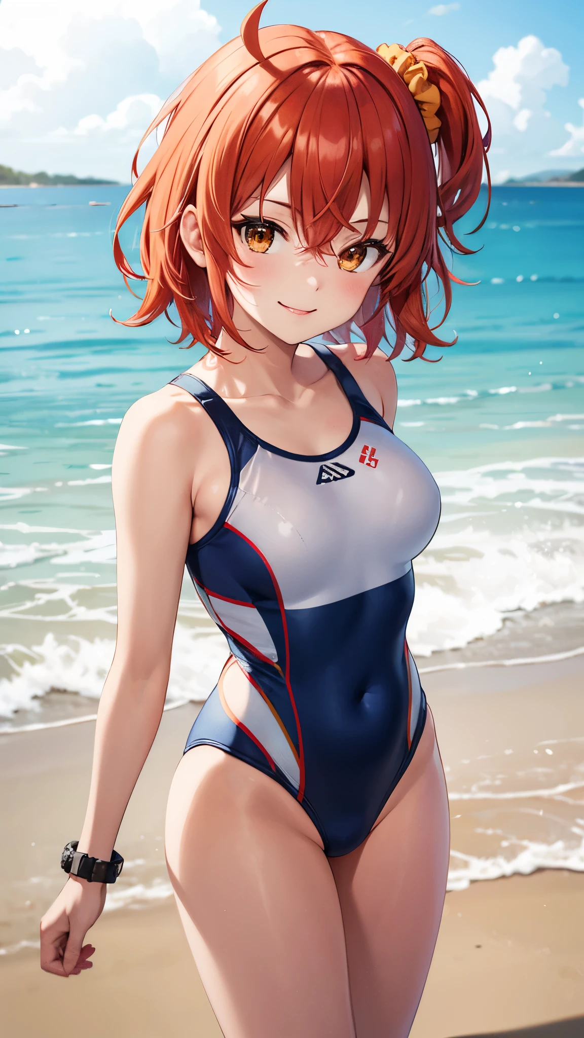 masterpiece, best quality, highres, aaritsuka, short hair, ahoge, hair scrunchie, orange scrunchie, one-piece swimsuit, smile, beach, medium breasts