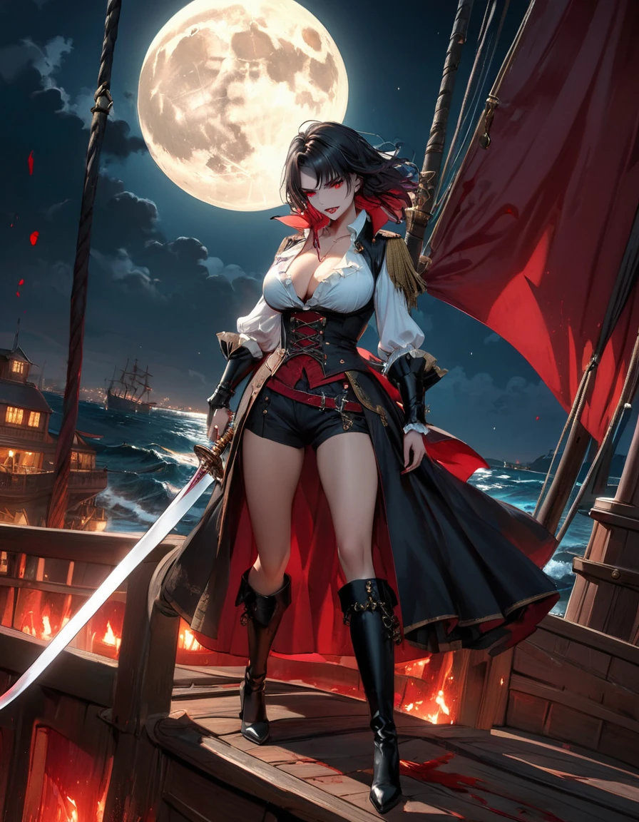 a portrait of a woman vampire pirate queen on a pirate ship ready for battle, ((full body: 1.5)), ((anatomically correct: 1.5)), (ultra detailed face: 1.2), looking tense, looking dangerous, dynamic eye color, glowing eyes, dynamic hair color, dynamic hair style dynamic skin complexion, wearing 18th century white button shirt, with ((stains of blood: 1.3)), busty , wearing wearing high heeled boots, it is night time at sea, moon is high, some clouds,18th century pirate ship background, vibrant, Ultra-high resolution, High Contrast, (masterpiece:1.5), highest quality, Best aesthetics), best details, best quality, highres, 16k, (ultra detailed: 1.5), masterpiece, best quality, (extremely detailed) RAW, (ultra details, Masterpiece, best quality), Hyperrealism style, holding sword, Intense gaze, holding sword rapier, vampire teeth, BloodSoakedAI, holding sword, Dark Art Painting Style