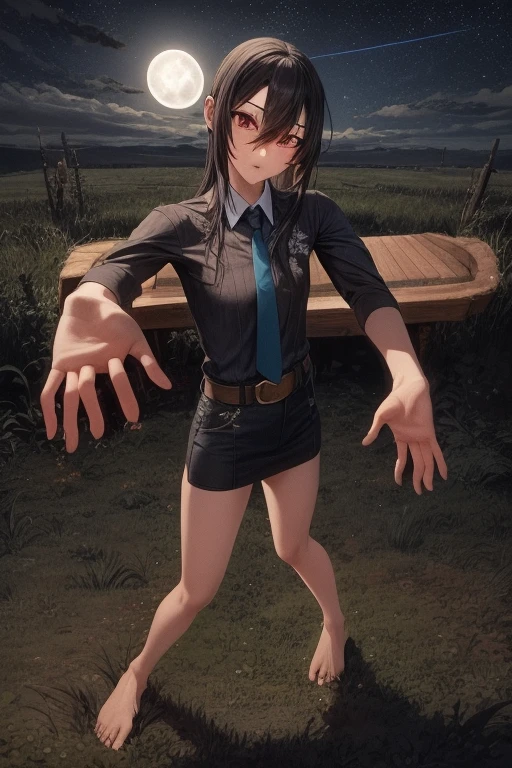 masterpiece, best quality, 1girl, long hair, black hair, red eyes, hair between eyes, skirt, dress, necktie, sleeveless, belt, shirt, black shirt, collared shirt, red necktie, black skirt, bare feet, standing, grass, lake, landscape, night sky, full moon, night light, backlighting, dark background