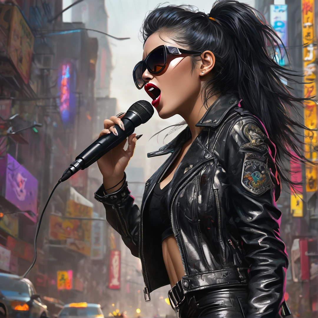 Heavy metal album cover female singing with microphone, post-apocalyptic city, insanely detailed real shiny skin, masterpiece body quality, black leather pants, real color, erotic and strong, black sunglasses, perfect nose, perfect lips and mouth closed, 8k resolution🔥, Miki Asai Macro photography, close-up, hyper detailed, trending on artstation, sharp focus, studio photo, intricate details, highly detailed, cinematic by zack snider