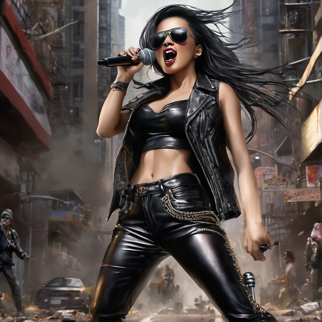 Heavy metal album cover female singing with microphone, post-apocalyptic city, insanely detailed real shiny skin, masterpiece body quality, black leather pants, real color, erotic and strong, black sunglasses, perfect nose, perfect lips and mouth closed, 8k resolution🔥, Miki Asai Macro photography, close-up, hyper detailed, trending on artstation, sharp focus, studio photo, intricate details, highly detailed, cinematic by zack snider