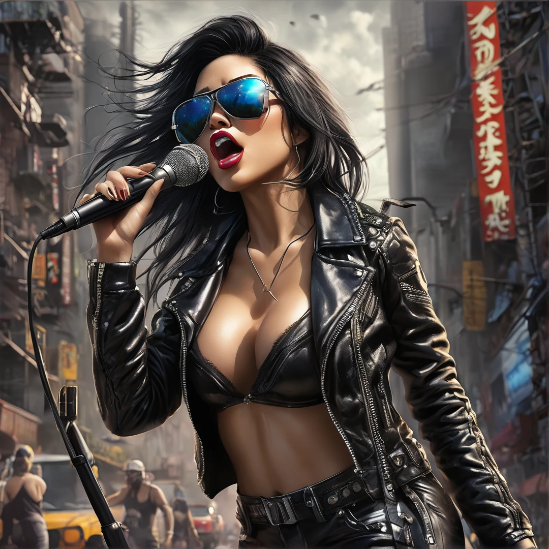 Heavy metal album cover female singing with microphone, post-apocalyptic city, insanely detailed real shiny skin, masterpiece body quality, black leather pants, real color, erotic and strong, black sunglasses, perfect nose, perfect lips and mouth closed, 8k resolution🔥, Miki Asai Macro photography, close-up, hyper detailed, trending on artstation, sharp focus, studio photo, intricate details, highly detailed, cinematic by zack snider