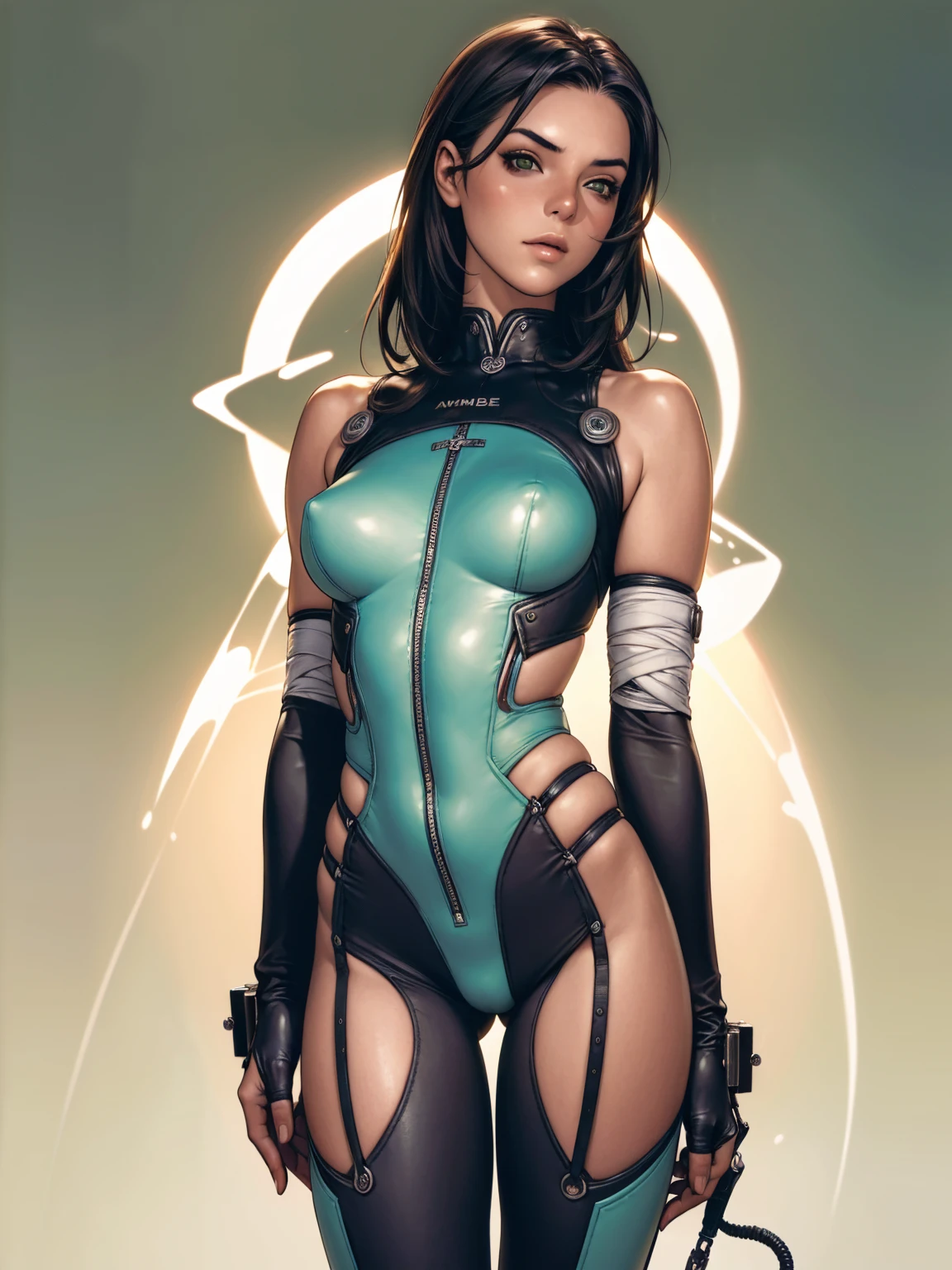 (((Annie Lennox))), ((( transparent suit ))), (((Bandaged body))), ((high collar)), (((dark bluish green))), (((best qualityer: 1.4))), (Unbeatable masterpiece), (hiper HD),(CG 8k hyper-realistic), (((brave face))), (((breasts big))), (((hyper feminine))), sexly girl, Tron,(black bob hair)), ((( sculptural body ))), (((1 Kizi))), Kizi cibernética de 25 anos com perfectbody,,Beautiful and well-groomed face,muscular body:1.2,solid color detailed jacket, (Head to thigh photos), Complex equipment, green dark,Long pants,Tight clothes are dark,With white stars and off-white stripes,,,,,Armor Metal Electronic Parts, Poison tattoos ) INFO, Kizi, (((standing alone))), pirralha violent, ((())), sexly, pose de atitude, work of art, post-apocalypse, (((manga style))), bounty hunter, violent, Manic, the way you want, slenderbody, thin but strong, perfectbody, roupa moderna, advanced technology, neon, sleeves with vertical striped pattern, neutral background, (( cowboy shot )). intricate visual