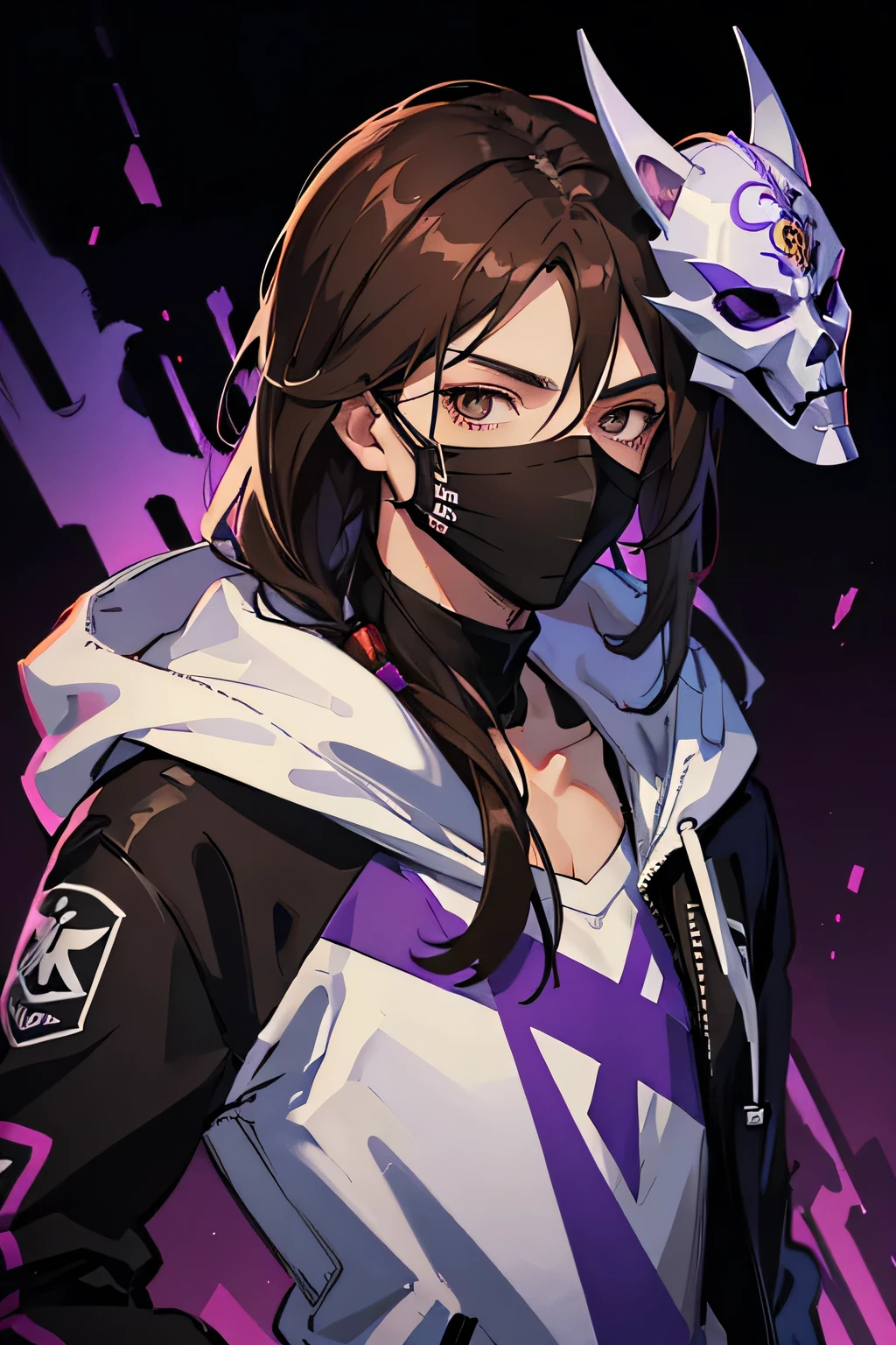 Anime guy, male, shoulder length hair, Hoodie, mask, Purple mask, Brown eyes, Dark hair, Straight hair,(masterpiece) (best quality) hard lighting, gamer, cool, plain background, dynamic, Medium length hair