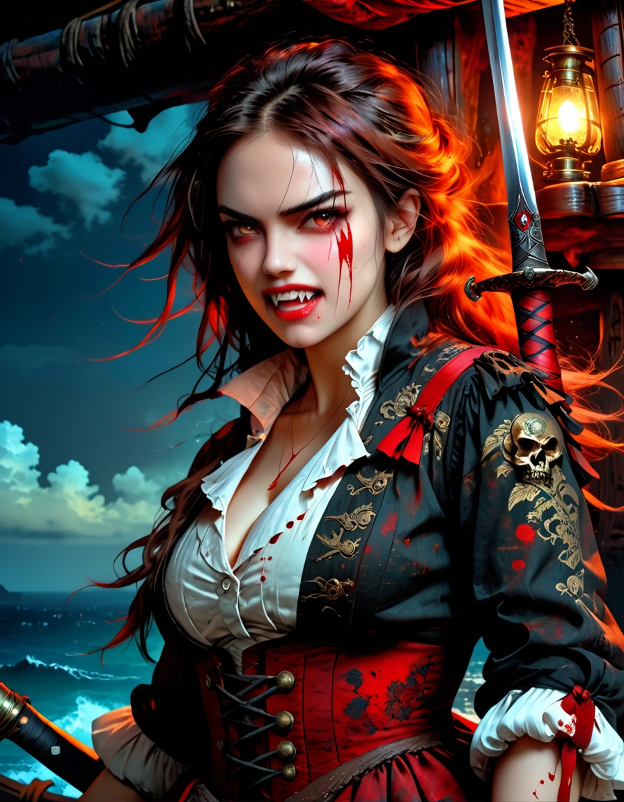 a portrait of a woman vampire pirate queen on a pirate ship ready for battle, ((full body: 1.5)), ((anatomically correct: 1.5)), (ultra detailed face: 1.2), looking tense, looking dangerous,  dynamic eye color, glowing eyes, dynamic hair color, dynamic hair style dynamic skin complexion, wearing 18th century white button shirt, with ((stains of blood: 1.3)), busty , wearing  wearing high heeled boots, it is night time at sea, moon is high, some clouds,18th century pirate ship background,  vibrant, Ultra-high resolution, High Contrast, (masterpiece:1.5), highest quality, Best aesthetics), best details, best quality, highres, 16k, (ultra detailed: 1.5), masterpiece, best quality, (extremely detailed) RAW, (ultra details, Masterpiece, best quality), Hyperrealism style, holding sword, Intense gaze, holding sword rapier, vampire teeth, BloodSoakedAI, holding sword, Dark Art Painting Style