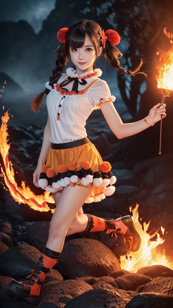Teenage girl with pigtails in a short flowery summer dress smiling and laughing while flames burn around her