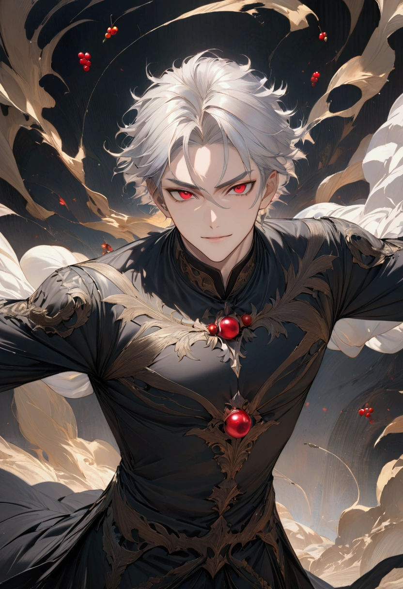 (masterpiece:1.3),(最high quality:1.4),(Very detailedな:1.5),High resolution,Very detailed,8k,artwork,High level of detail,rendering,high quality,Wide range of colors,wallpaper,(Dark fantasy).((One anime young man))Silver Hair,Berry Berry Shorthair,Just short hair,Thin silver eyebrows,Red eyes,Dark circles around the eyes,Handsome,His face is a fearless smile,An evil look,(服装はギリシャ神話Windのファッション)Fashion of the Grim Reaper like in Greek mythology、The background has an aura,Wind,Dynamic pose。