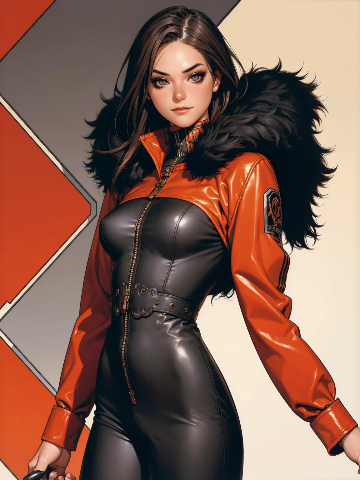 (((best qualityer))), (((manga strokes))), a young girl beautifully dressed in modern winter clothes, pants with red and black zig-zag pattern, top gift vertical stripes, short jacket with dark fur collar, beautiful and expressive face, slightly-smile, big eyes with long black eyelashes, heavy make-up, chains and zippers spread across clothes, contrasting colours, pose de atitude, hair with a modern and futuristic cut, urban game poster art, dramatic camera angles, graffiti art elements in the background, design mixing contemporary and retro by Shepard Fairey, (((cowboy shot)))