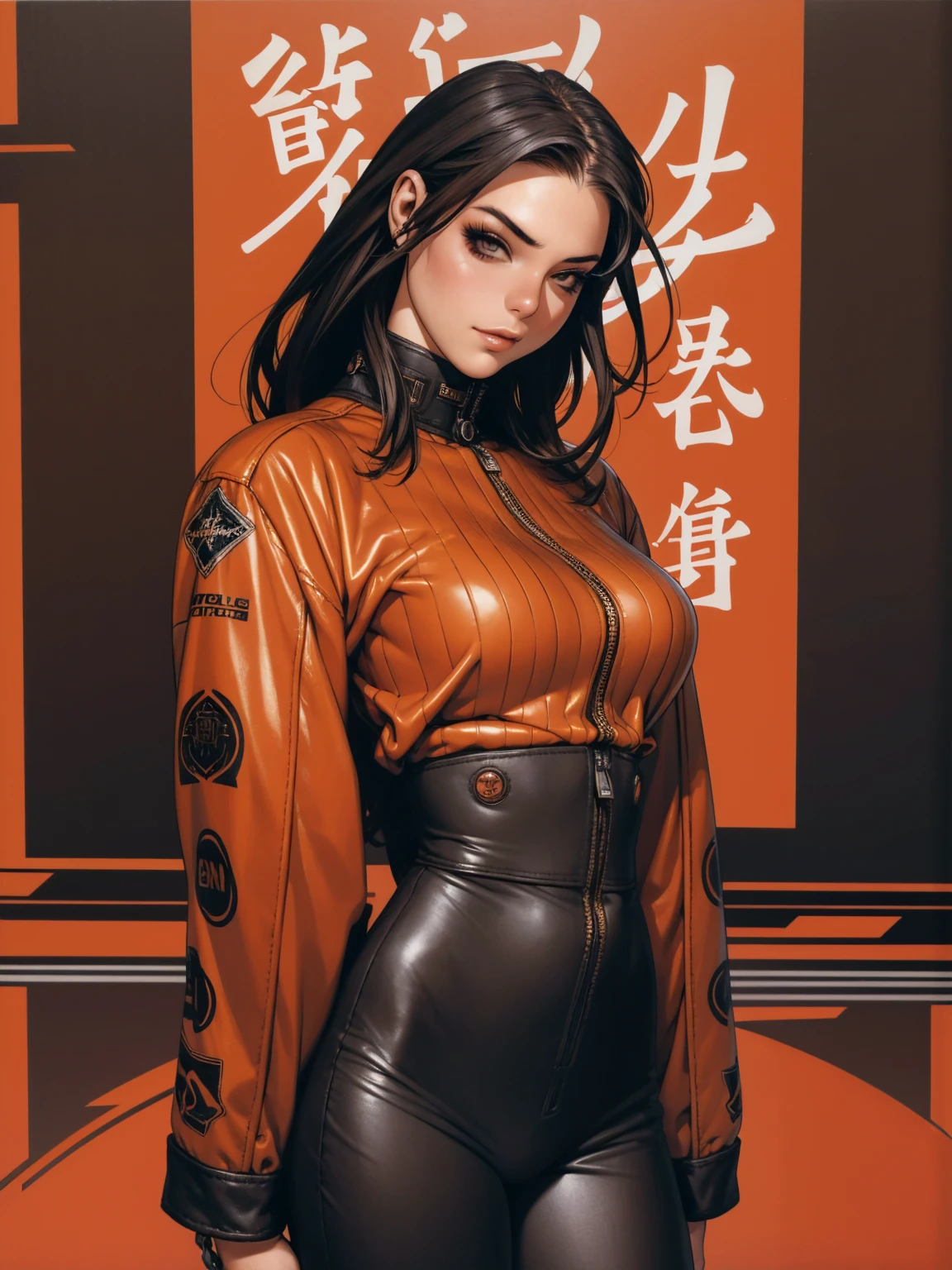 (((best qualityer))), (((manga strokes))), a young girl beautifully dressed in modern winter clothes, pants with red and black zig-zag pattern, top gift vertical stripes, short jacket with dark fur collar, beautiful and expressive face, slightly-smile, big eyes with long black eyelashes, heavy make-up, chains and zippers spread across clothes, contrasting colours, pose de atitude, hair with a modern and futuristic cut, urban game poster art, dramatic camera angles, graffiti art elements in the background, design mixing contemporary and retro by Shepard Fairey, (((cowboy shot)))