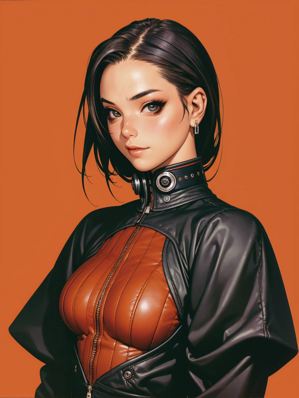 (((best qualityer))), (((manga strokes))), a young girl beautifully dressed in modern winter clothes, pants with red and black zig-zag pattern, top gift vertical stripes, short jacket with dark fur collar, beautiful and expressive face, slightly-smile, big eyes with long black eyelashes, heavy make-up, chains and zippers spread across clothes, contrasting colours, pose de atitude, hair with a modern and futuristic cut, urban game poster art, dramatic camera angles, graffiti art elements in the background, design mixing contemporary and retro by Shepard Fairey, (((cowboy shot)))