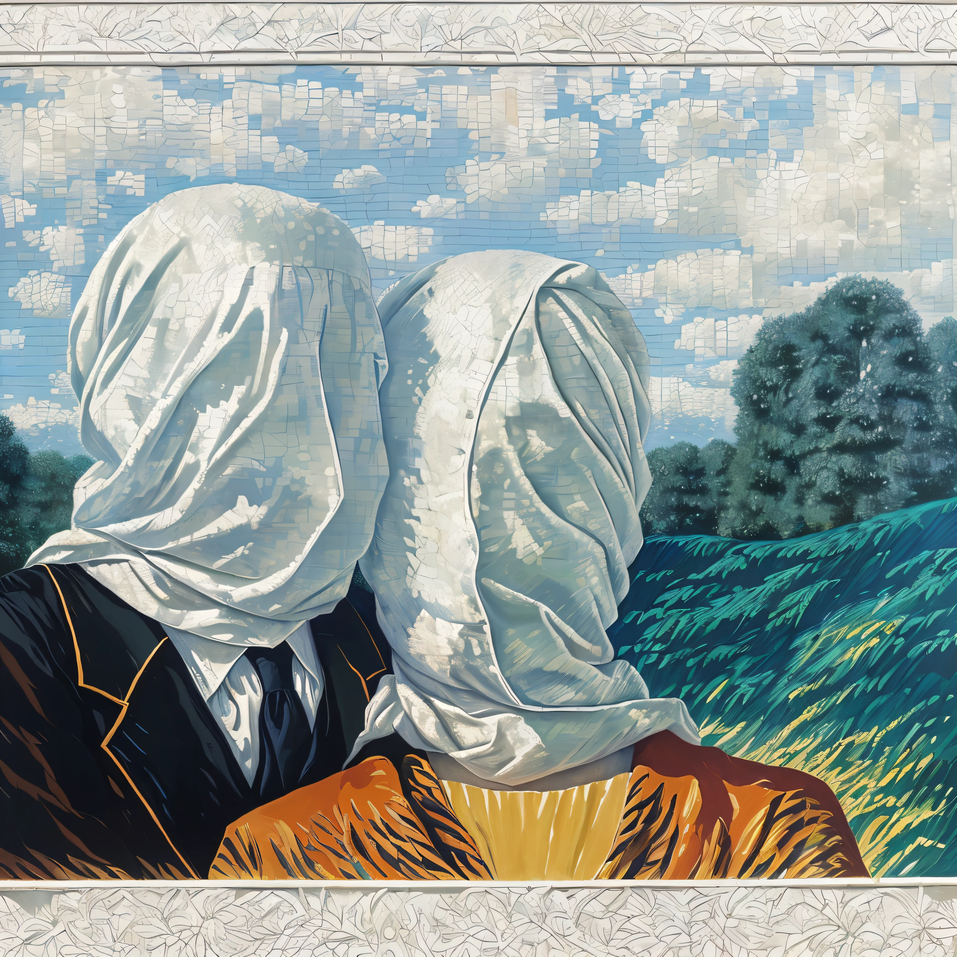 painting of two people with heads covered in white cloth, by René Magritte, by Rene Magritte, magritte painting, magritte, mark kostabi, rene magritte. hyperdetailed, rene margritte, inspired by John Brack, style of rene magritte, rene magritte. detailed, the lovers