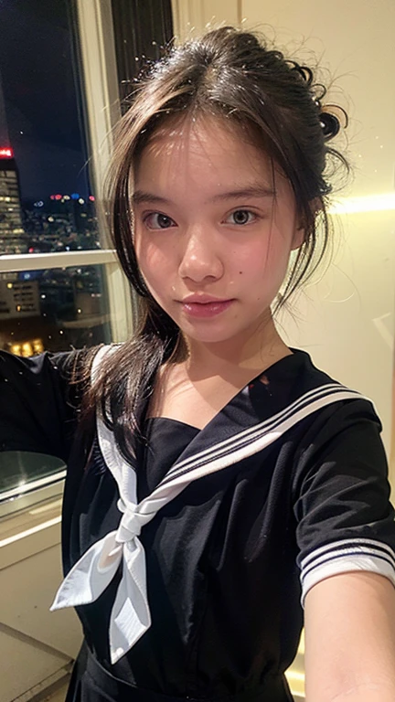 Masterpiece, best quality, ultra high res, realistic, (photorealistic:1.4), photography, rule of third, 1girl, blunt bangs, black hair, (the girl wearing black sailor uniform), (at the top of building:1.1), night, city light, cinematic lighting, 80s filter, detailed face , looking at viewer, close up shot, (selfie:1.1), pov