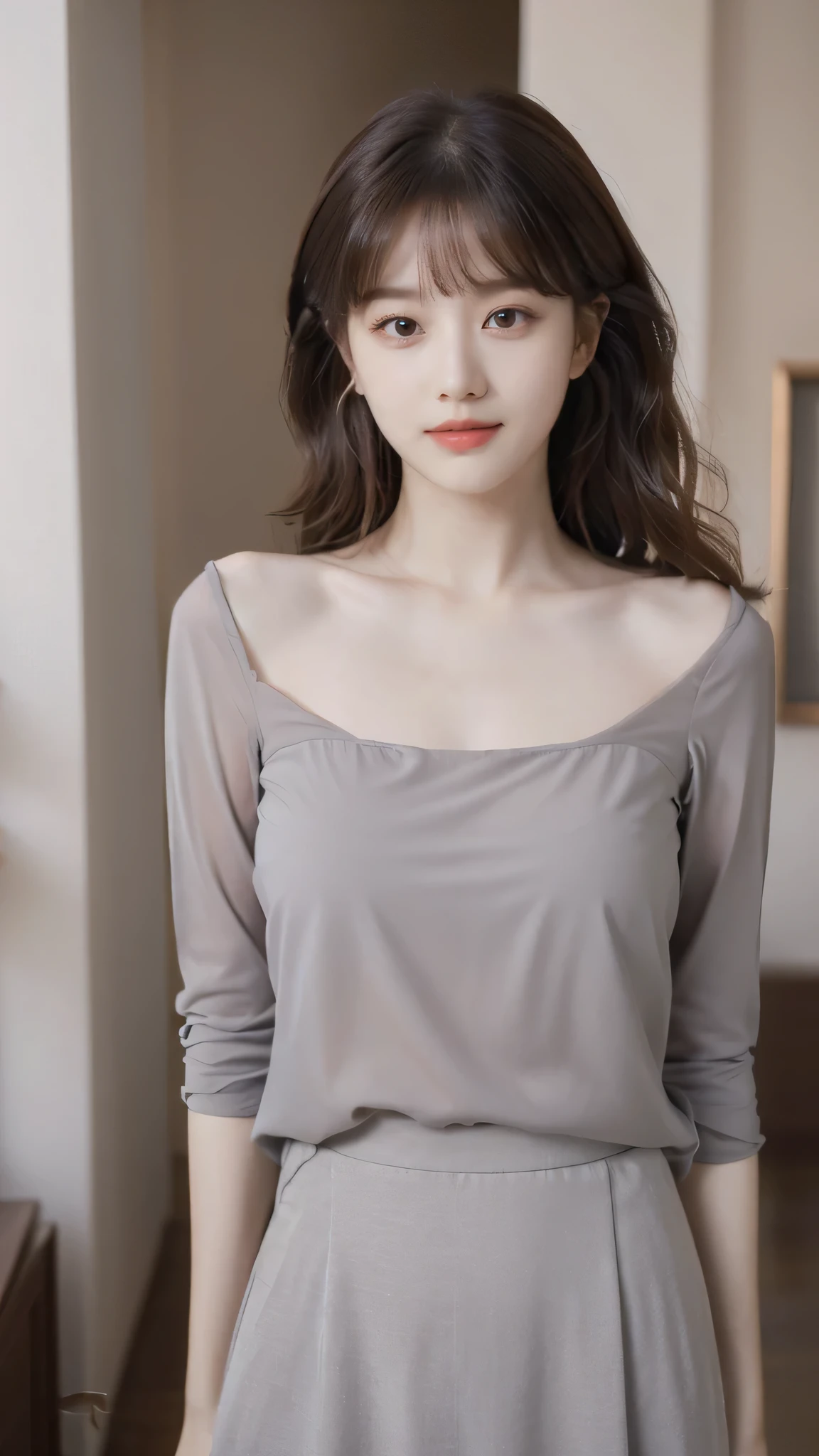 detailed background, masterpiece, best quality, 1 person , curly hair, long hair, purple eyes, star in eye , grey Strapless blouse, long skirt, grey, tight , grey blouse