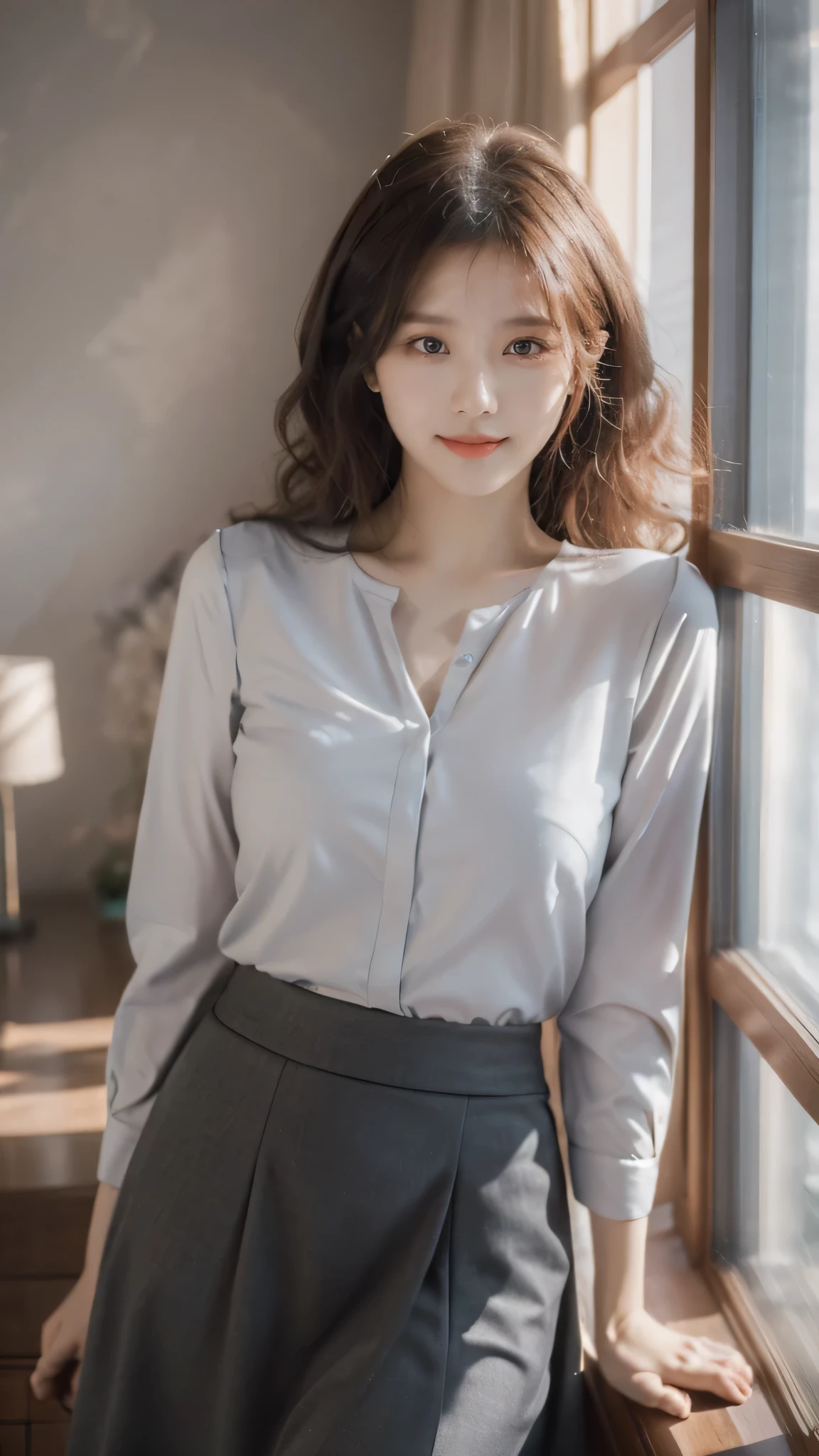 detailed background, masterpiece, best quality, 1 person , curly hair, long hair, purple eyes, star in eye , grey Strapless blouse, long skirt, grey, tight , grey blouse