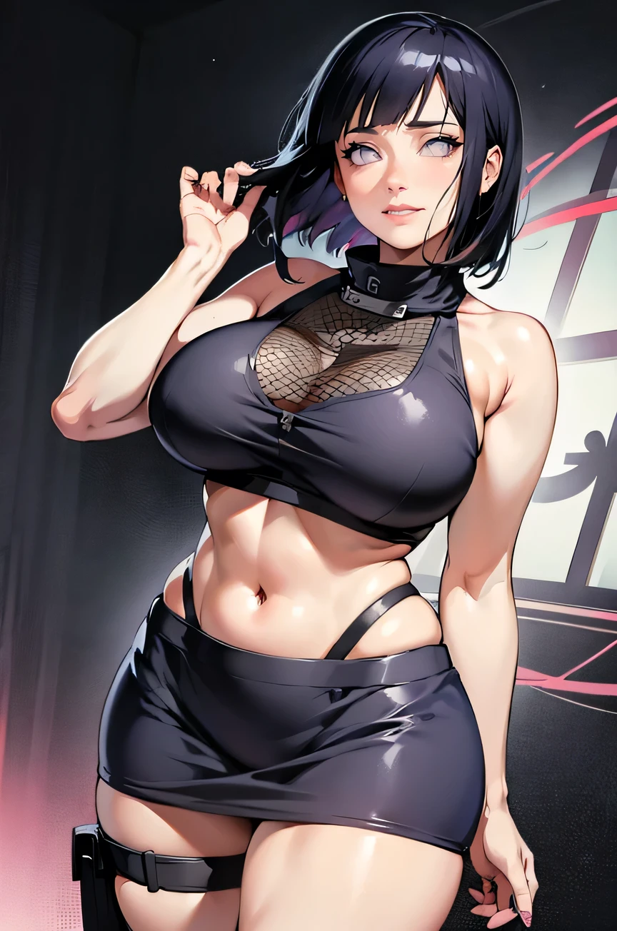 masterpiece, absurdres, hinata\(boruto\), 1girl, solo,mature female, black mini skirt, perfect composition, detailed lips, gigantic breast, beautiful face, body propotion, short hair, purple eyes, soft gaze, super realistic, detailed, photoshoot, realistic face and body, underboob, turtleneck, gigantic breasts, curvy, cowboy shot, bare shoulders, black crop top, seductive smile, inside, nightclub
