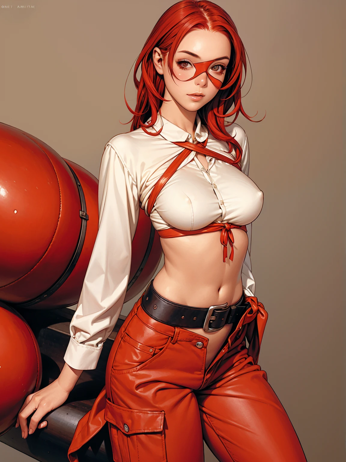 A young girl with messy red hair, wearing an eye patch over the left eye, wearing baggy firefighter pants, short top with the belly exposed and a blouse tied at the waist