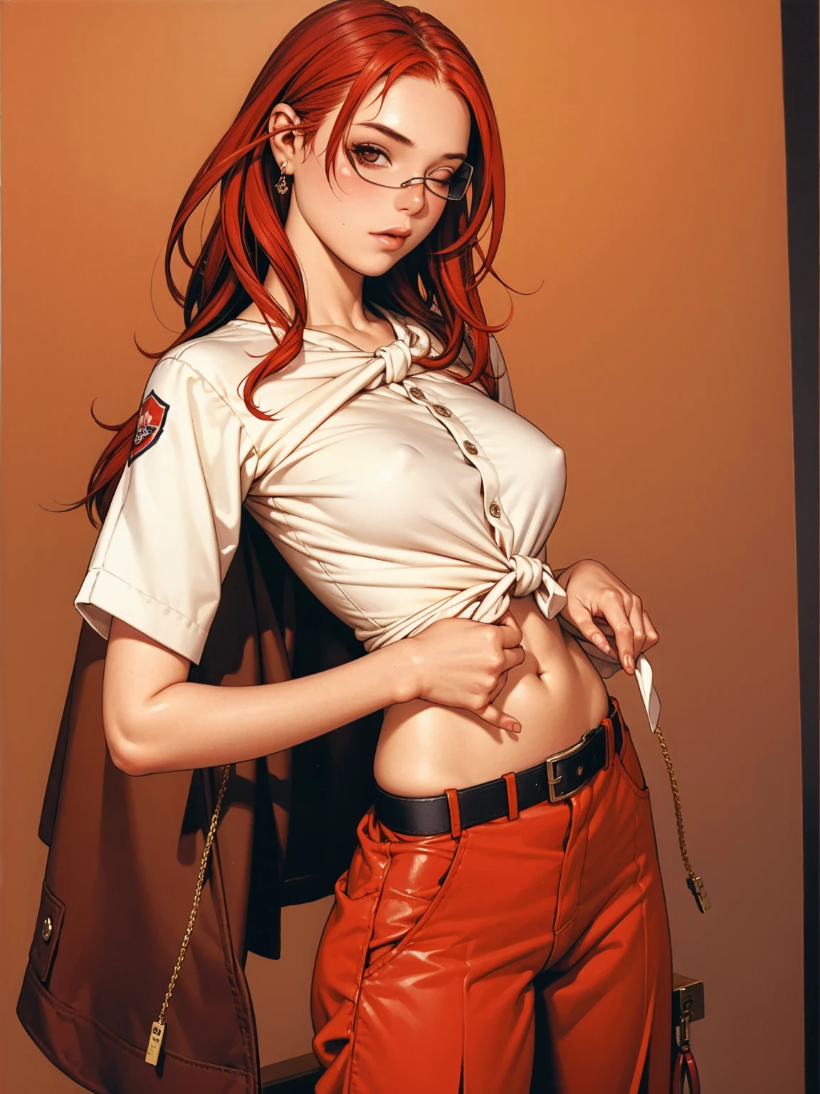 A young girl with messy red hair, wearing an eye patch over the left eye, wearing baggy firefighter pants, short top with the belly exposed and a blouse tied at the waist