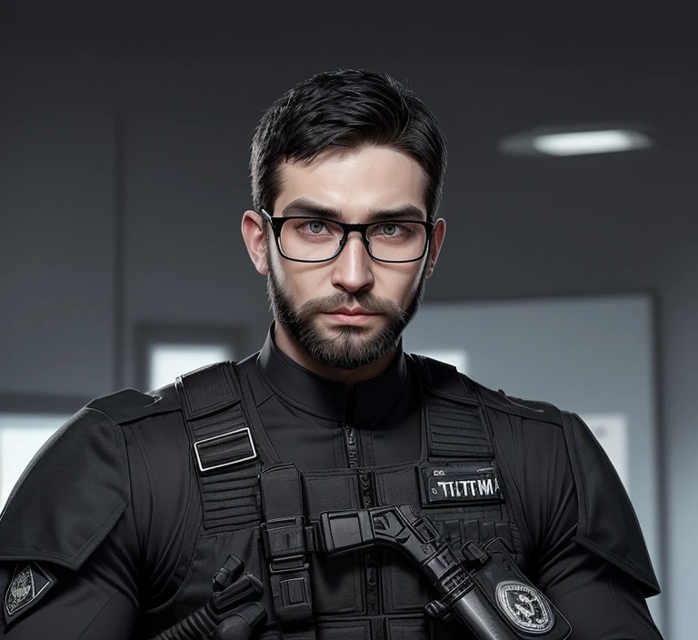 make a handsome man in black swat commando uniform around 33 years old holding a parafal, Policerman, gotham city, with prescription glasses, 1 meter and 80 white, with muscles, with beard.