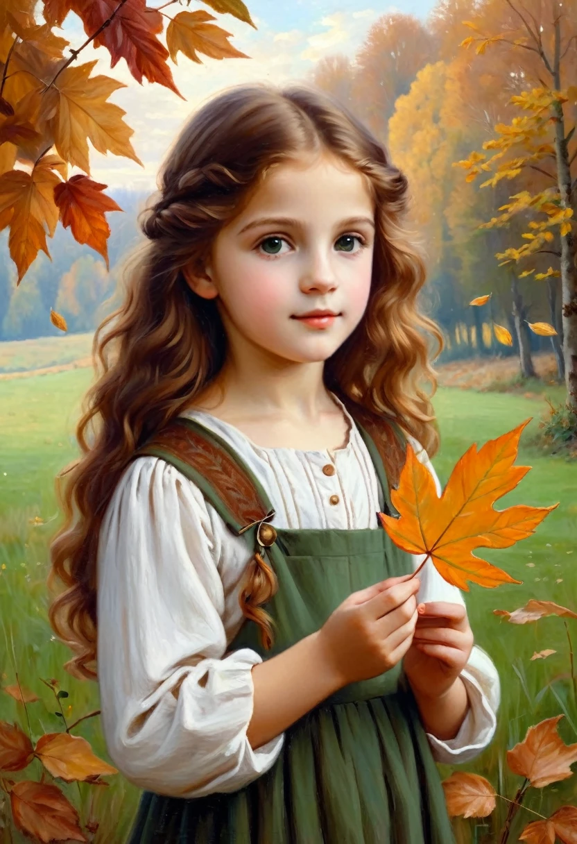 painting of a girl holding a leaf in her hand, realistic cute girl painting, painting of beautiful, beautiful painting, inspired by Sophie Gengembre Anderson, beautiful artwork, beautiful art, in the autumn, beautiful oil painting, beautiful autumn spirit, beautiful digital artwork, beautiful digital art, beautiful digital painting, beautiful character painting, detailed 4 k oil painting, in autumn