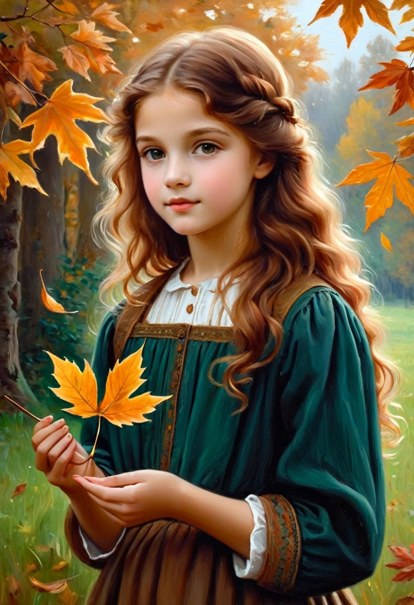 painting of a girl holding a leaf in her hand, realistic cute girl painting, painting of beautiful, beautiful painting, inspired by Sophie Gengembre Anderson, beautiful artwork, beautiful art, in the autumn, beautiful oil painting, beautiful autumn spirit, beautiful digital artwork, beautiful digital art, beautiful digital painting, beautiful character painting, detailed 4 k oil painting, in autumn