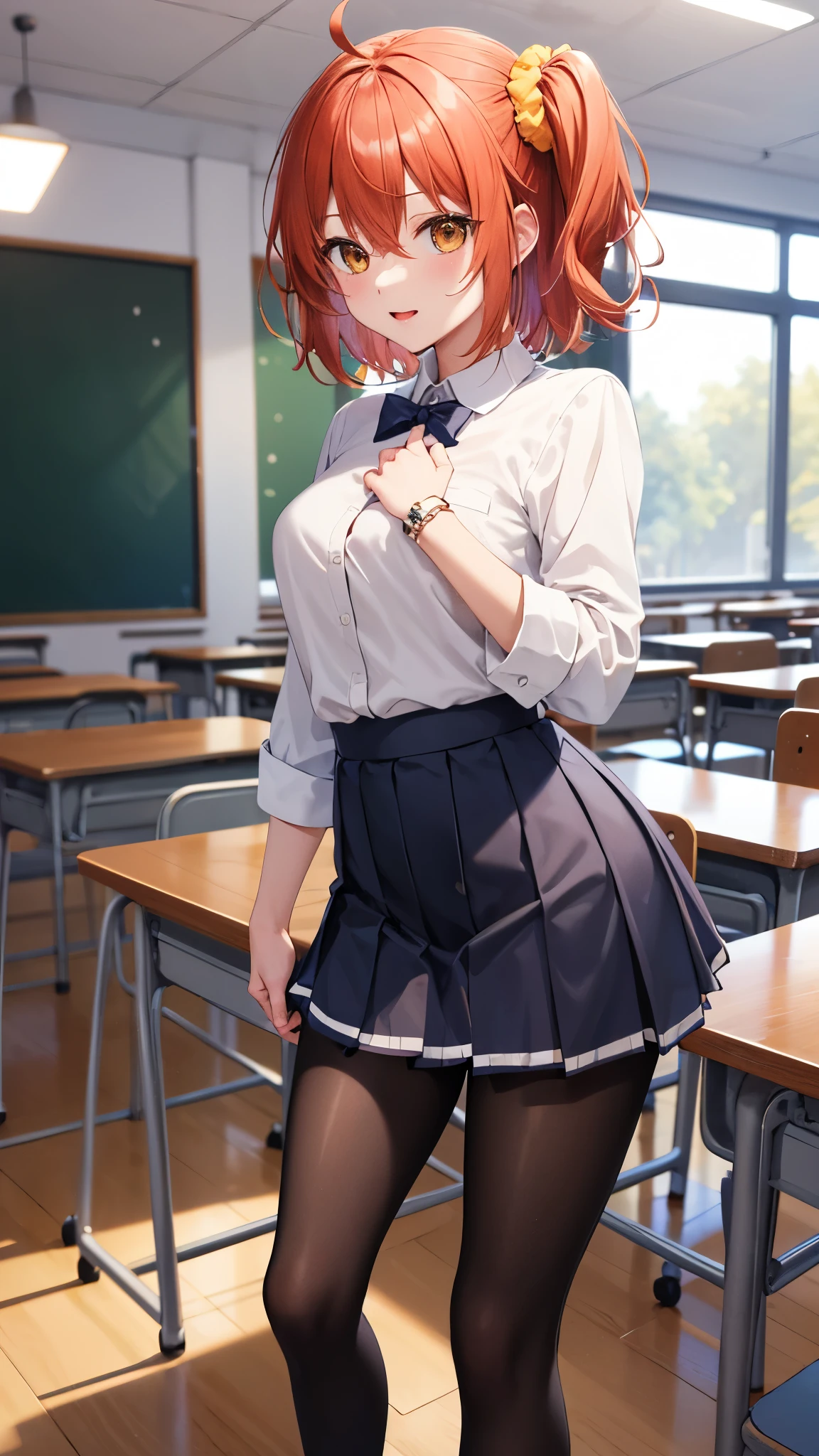 masterpiece, best quality, highres, aaritsuka, short hair, ahoge, hair scrunchie, orange scrunchie, white school shirt, pleated miniskirt, classroom, pantyhose