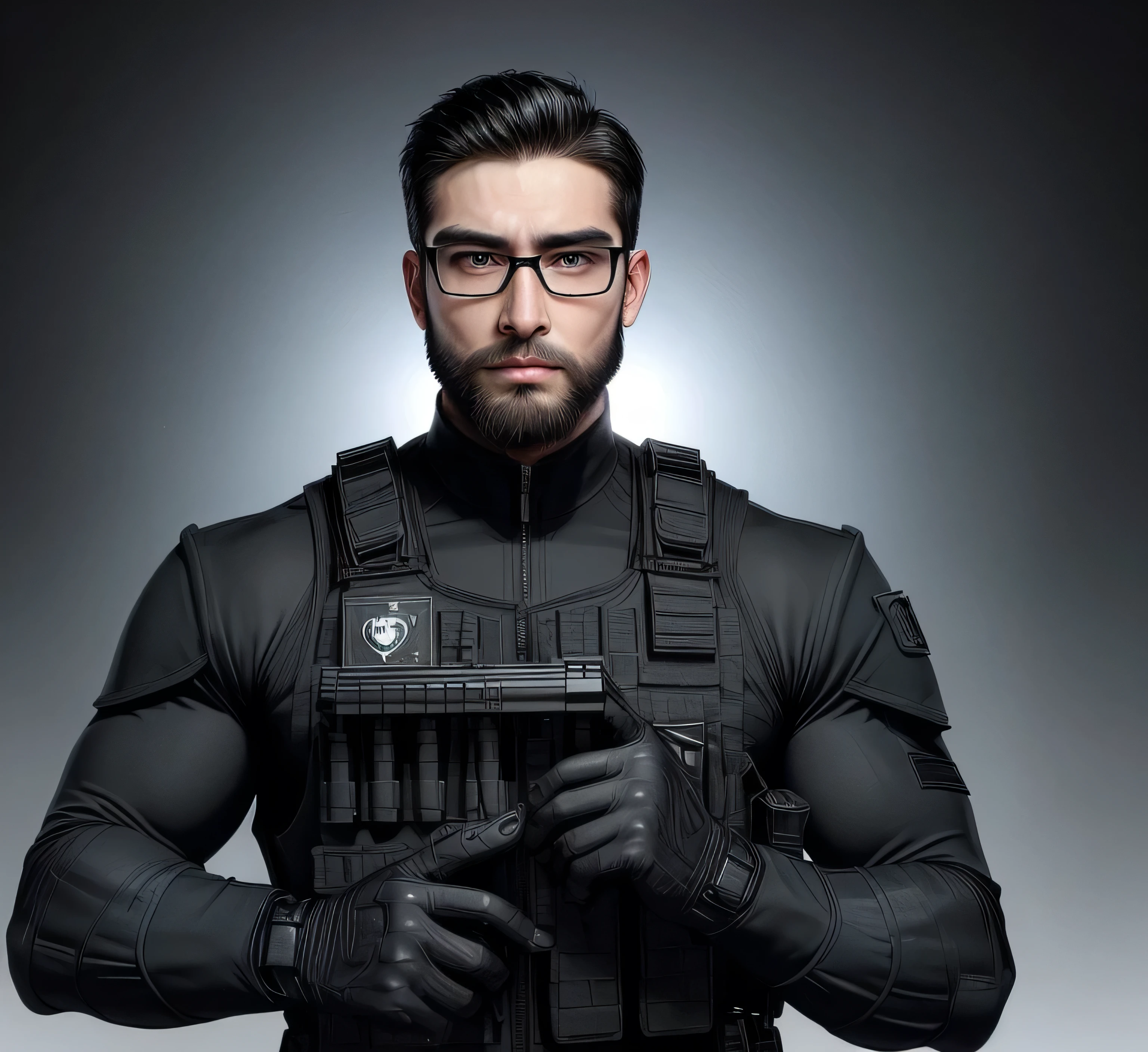 make a handsome man in black swat commando uniform around 33 years old holding a parafal, Policerman, gotham city, with prescription glasses, 1 meter and 80 white, with muscles, with beard.