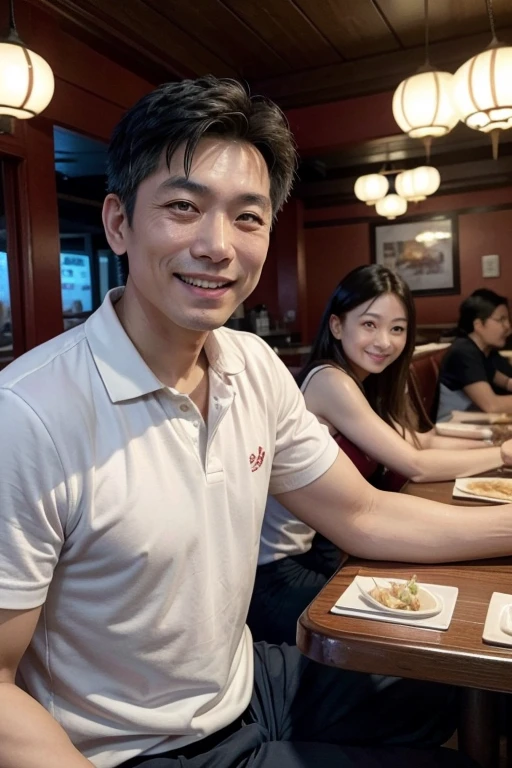 Asian man 47 years old in a Chinese restaurant 2 people profile photo sitting smiling looking at viewer com o cardápio na sua mão