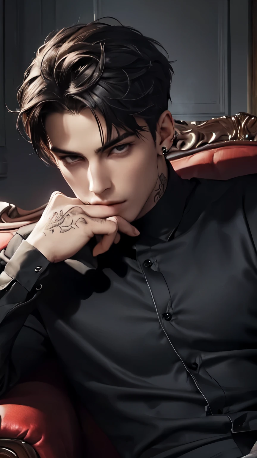 ((portrait)) ((fully clothed)) ((handsome male)) ((short hair)), dark eyes, tattoos, dominant, sitting on a couch, piercings, smoking, seductive gaze