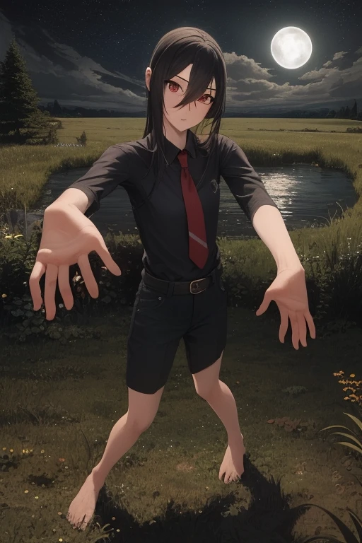 masterpiece, best quality, 1girl, long hair, black hair, red eyes, hair between eyes, skirt, dress, necktie, sleeveless, belt, shirt, black shirt, collared shirt, red necktie, black skirt, bare feet, standing, grass, lake, landscape, night sky, full moon, night light, backlighting, dark background