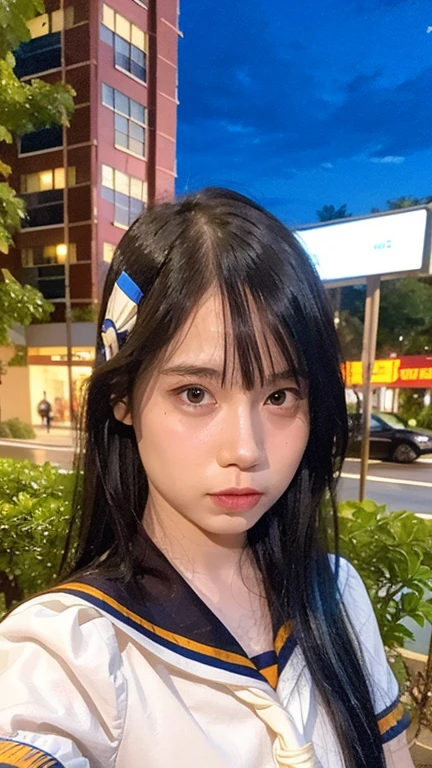 Masterpiece, best quality, ultra high res, realistic, (photorealistic:1.4), photography, rule of third, 1girl, blunt bangs, black hair, (the girl wearing black sailor uniform), (at the top of building:1.1), night, city light, cinematic lighting, 80s filter, detailed face , looking at viewer, close up shot, (selfie:1.1), pov