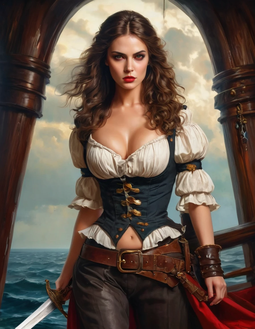 a portrait of a woman vampire pirate queen on a pirate ship ready for battle, ((full body: 1.5)), ((anatomically correct: 1.5)), (ultra detailed face: 1.2), looking tense, looking dangerous,  dynamic eye color, glowing eyes, dynamic hair color, dynamic hair style dynamic skin complexion, wearing 18th century white button shirt, with ((stains of blood: 1.3)), busty , wearing  wearing high heeled boots, it is night time at sea, moon is high, some clouds,18th century pirate ship background,  vibrant, Ultra-high resolution, High Contrast, (masterpiece:1.5), highest quality, Best aesthetics), best details, best quality, highres, 16k, (ultra detailed: 1.5), masterpiece, best quality, (extremely detailed) RAW, (ultra details, Masterpiece, best quality), Hyperrealism style, holding sword, Intense gaze, holding sword rapier, vampire teeth, BloodSoakedAI, holding sword, Dark Art Painting Style