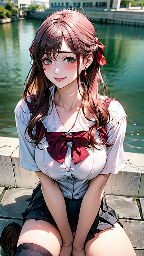 (masterpiece:1.2, Highest quality), (Realistic, photoRealistic:1.4), Beautiful illustrations, (Natural Side Lighting, Cinema Lighting), 
View your viewers, Cowboy Shot, Front view:0.6, 1 girl, Japanese, high school girl, Perfect Face, Cute and symmetrical face, Glowing Skin, 
(Long Hair:1.8, Straight hair:1.7, Light pink hair), Parted bangs, Emerald green eyes, Long eyelashes, (Large Breasts:0.9, Thick thighs), 
Beautiful Hair, Beautiful Face, Beautiful attention to detail, Beautiful clavicle, Beautiful body, Beautiful breasts, Beautiful thighs, Beautiful feet, Beautiful fingers, 
((White collared shirt, Grey pleated mini skirt, , Black socks, Brown Loafers, Red bow tie)), hoop ring earrings, Pink Panties, 
(Beautiful views), evening, River side, (Cute smile,), Lean yourself into a chair and sit down.、Spread your legs wide、Panties visible from under the skirt、（四つん這い、濡れた服、スカートめくり）