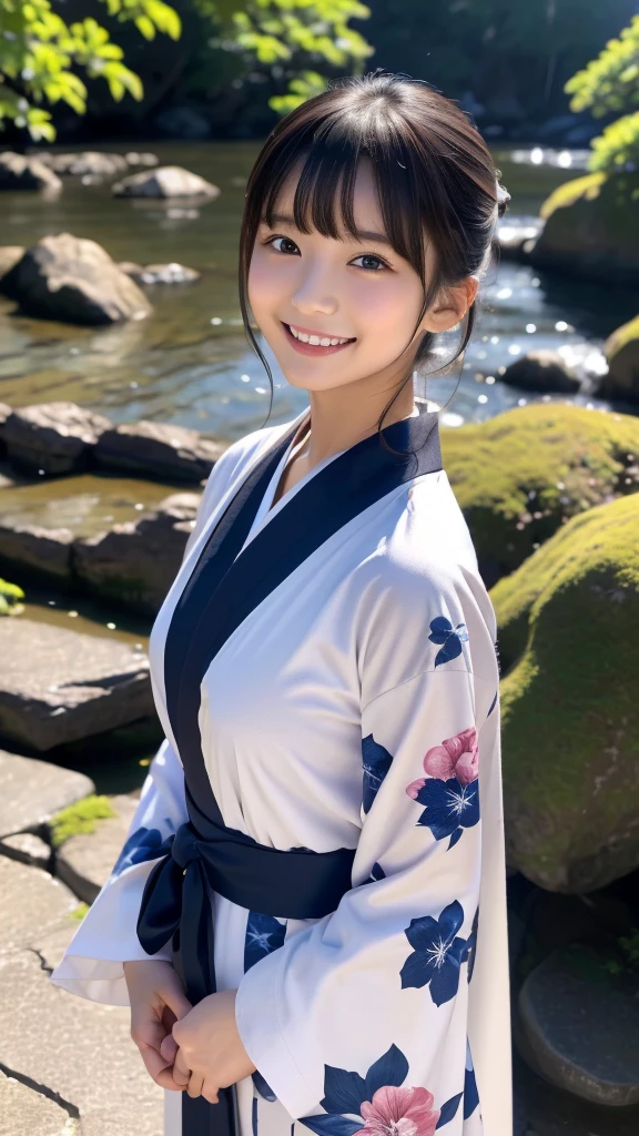 One super beautiful Japanese baby-faced beauty,muste piece, best quality, Super detailed, fine details, High resolution, In 8K, ((photorealistic:1.4, Live shooting, 超High resolution,Highest image quality: 1.4)), ((Super baby-faced Japanese idol-class beautiful girl:1.3)), (face is round and small), （((The nose is symmetrical and narrow:1.4))）,(The ratio of the transcendental nose is symmetrical and small and high.),wall paper, beautiful detailed eyes, natural color lip, ((gentle smile:1.5)), ((Random and cute bangs see-through hairstyle)), ((random yukata:1.5)), ((big breast size：1.7、cleavage:0.5)), ((Only one mole just above the tear bag:1.2)),((The river at night is in the background:1.4)), ((random happy expression)),Highly detailed and natural lighting)),((I can see my thighs:1.5)),Looks like a random little devil：1.3，Random figure crouching down