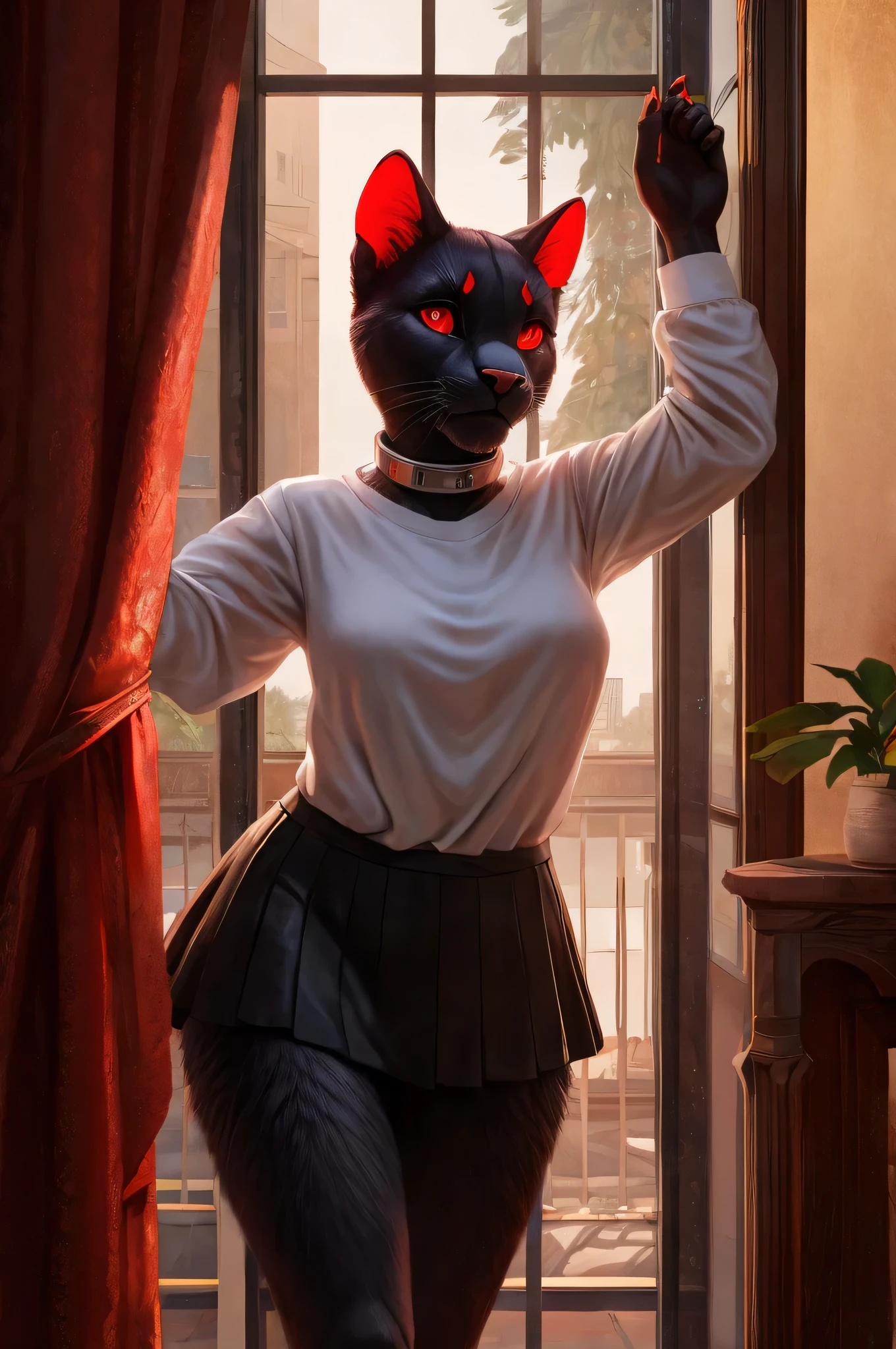 Solo, Panther, female, black body, busty, furry, wide hips, in a bedroom, glowing red ears, embarrassed, fluffy tail, ((Focus on his face)), beautiful dilated and detailed eyes, glowing red eyes, soft and shiny coat, with a metal collar, red claws, at night, legs open, hyperrealistic, hyperrealistic fur, extremely detailed, ultra realistic, super cute face, no pupils:1.5, standing on the side of a window, looking through the window, wearing a short white t-shirt, with a short skirt, 5 fingers, ((View from behind))