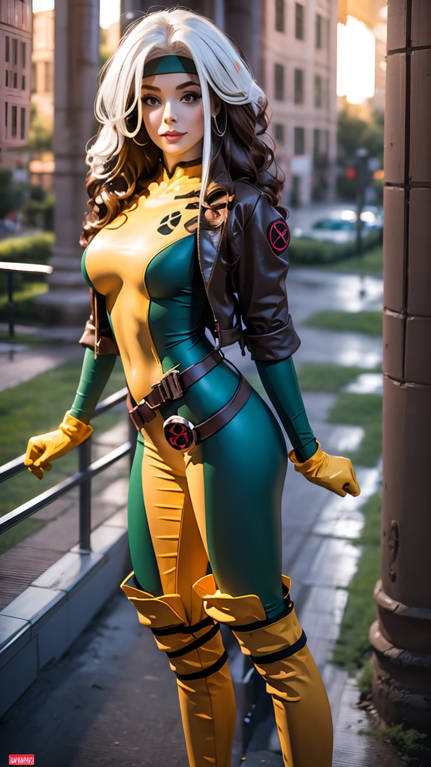 (masterpiece:1.0), (best_quality:1.2), (dark shot:1.3), Classic robber, 1991 X-Men Rogues, 1 girl, only 1, full body shot, looking back, medium length hair, Brown hair, Wavy hair, one strand of white hair, green eyes, Fit figure, defiant position, hand on hip, grinning, lips parted, medium breast, headband, gloves, boots, Jacket, belt, Red lipstick, heavy makeup, Lighting from above, (Realism: 1.5), (realistic: 1.4), (absurdity:1.4), 8 K, ultra detailed, Detailed beautiful woman, very physically developed girl, (background: long dark corridor in a mansion), official art, extremely detailed CG unity 8 K wallpaper, very dark lighting, colorful, ultra high resolution, photo, 8 K, HDR, Kodak Portrait 400, granularity, blurry background, (hips:1.2), granularity:1.2, (warm shade, warm tone:1.2), (color photo), профессиональная photo