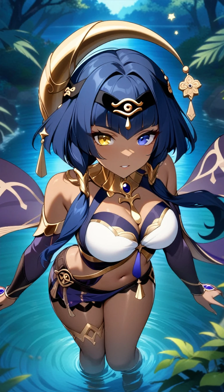 masterpiece, best quality, very aesthetic, absurdres, 1girl, mature_lady,,1girl, candace \(genshin impact\), genshin impact, breasts, heterochromia, dark skin, blue eyes, dark-skinned female, yellow eyes, blue hair, eye of horus, jewelry, navel,besides a blue lake, night sky,stars,forest,Reflections in the water,,floating_hair,from above