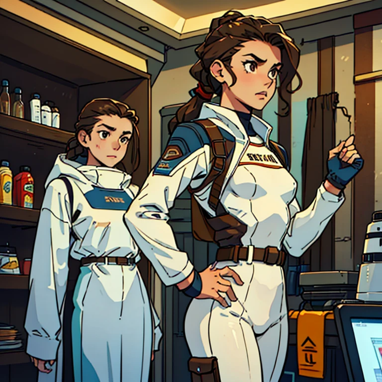 (Caucasian teenager), 18 years old, brown eyes, (wavy brown hair), (hair tied back), medium hair, small medium breasts. She wears a white sci-fi suit, solo, in futuristic shop, talking