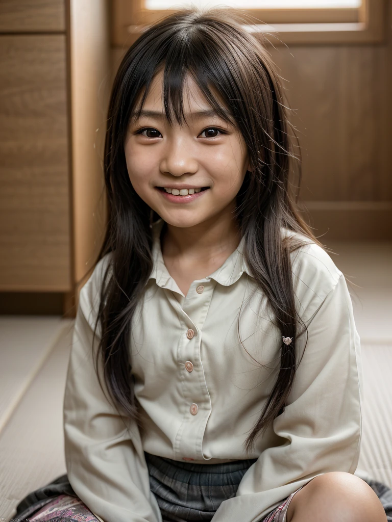 A -yeld Jaese girl with long hair, 7 year old boy, natural skin structure, 4k textures, HDR, complicated, Very detailed, keen focus, Hyperdetailed, who plays and smiles at home