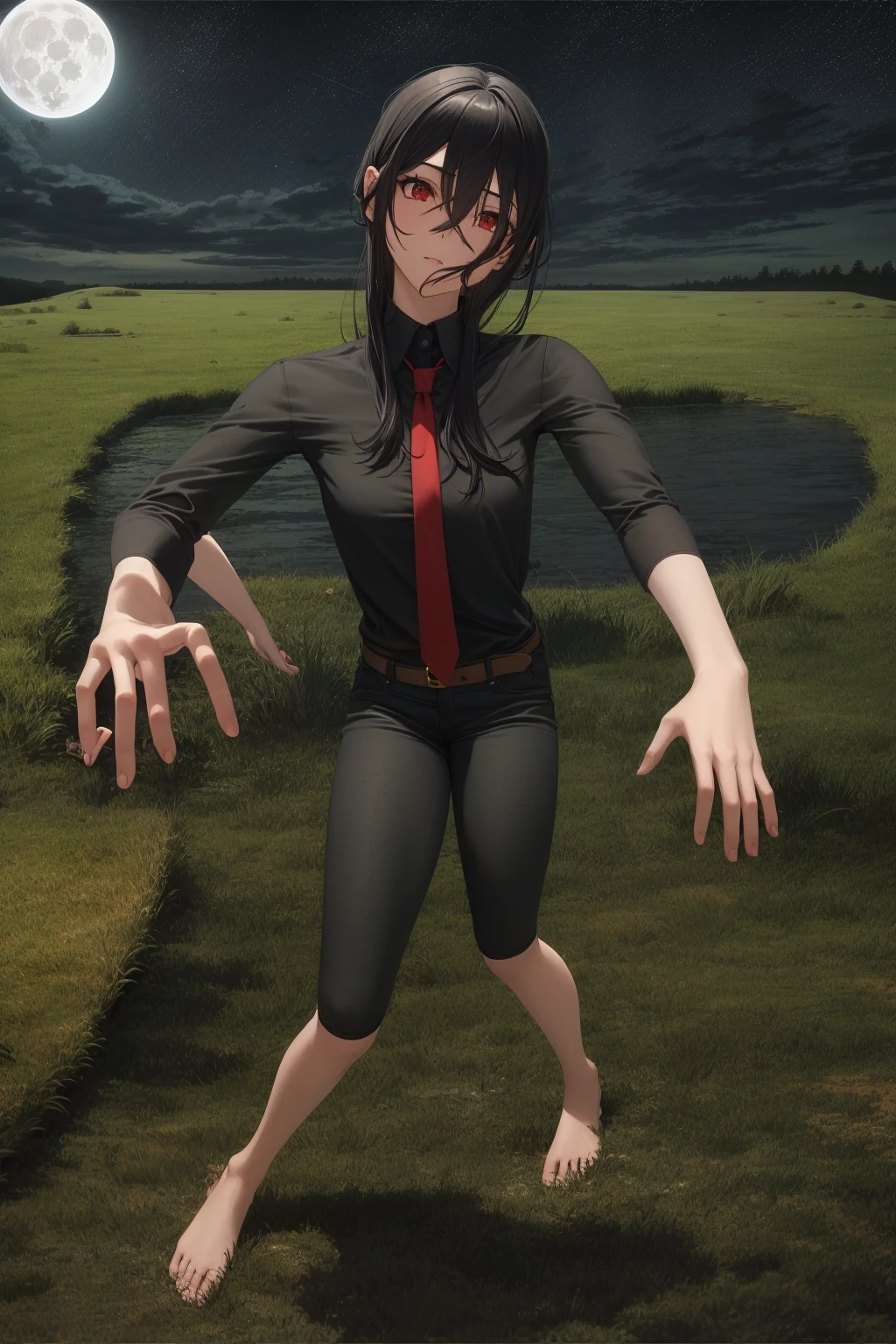 masterpiece, best quality, 1girl, long hair, black hair, red eyes, hair between eyes, skirt, dress, necktie, sleeveless, belt, shirt, black shirt, collared shirt, red necktie, black skirt, bare feet, standing, grass, lake, landscape, night sky, full moon, night light, backlighting, dark background