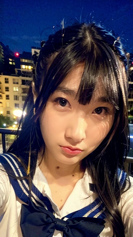 Masterpiece, best quality, ultra high res, realistic, (photorealistic:1.4), photography, rule of third, 1girl, blunt bangs, black hair, (the girl wearing black sailor uniform), (at the top of building:1.1), night, city light, cinematic lighting, 80s filter, detailed face , looking at viewer, close up shot, (selfie:1.1), pov