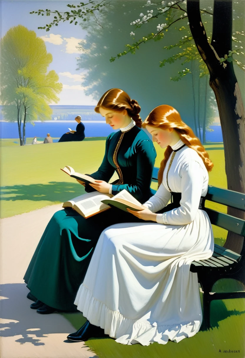 painting of two women sitting on a bench reading a book, russian academic painting, girls resting, by Aurél Bernáth, by Isidor Kaufman, academic russian painting, hans thoma, by Nikolai Ge, hans dahl, by Paul Gustav Fischer, by Paul Gustave Fischer, vladimir krisetskiy, by Hovsep Pushman