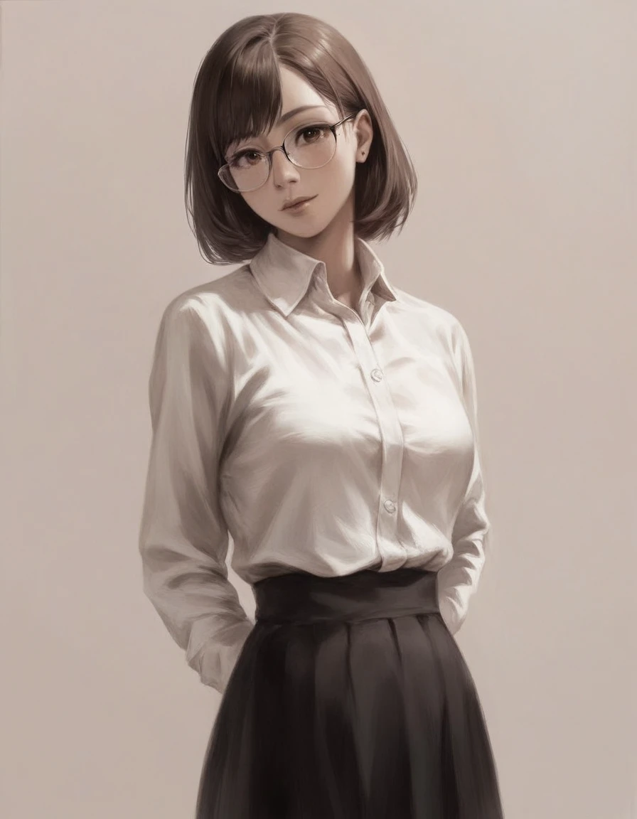 masterpiece,Best quality,4K,8 K,teenage,monochrome, shading shading, Manga art, 1 girl,One,hand behind your back,hands at sides,I look at the viewer, standing, Brown hair, Brown eyes,Glasses, collared shirt,long sleeves,black skirt, simple background, upper body,
