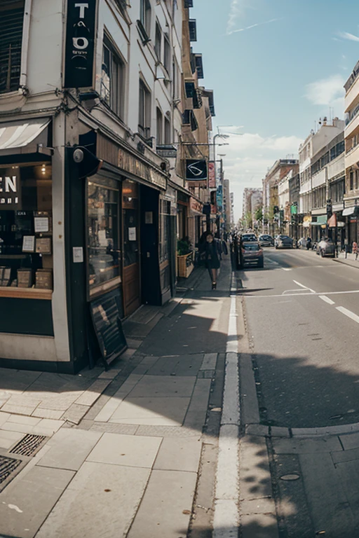 establishment: Panoramic view of a modern city during the day. The camera focuses on people doing everyday activities: walking down the street, driving, in cafes.